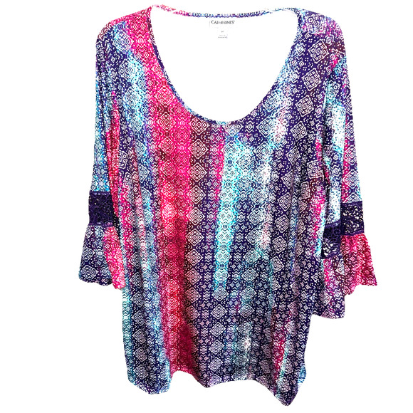 Catherines Purple Blue Colorful Tunic Top Bell Sleeve Crochet Detail 0X or XL - Picture 1 of 7